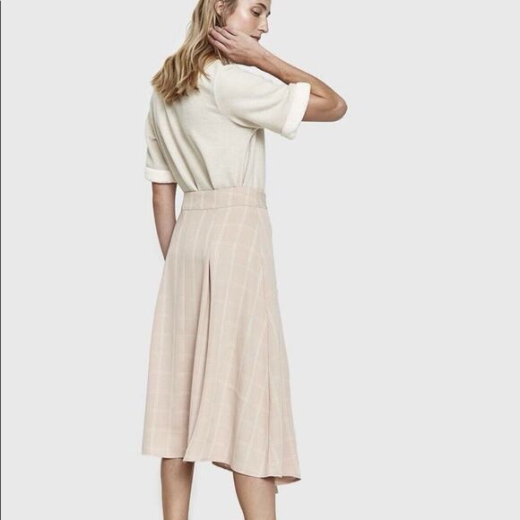 Farrow Midi Skirt Medium Neutral Plaid Window Pane Tie-Up Modest Slit Career - Picture 6 of 10